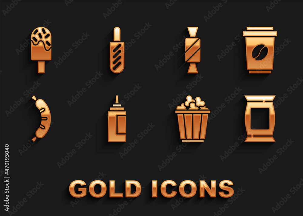 Set Sauce bottle, Coffee cup to go, Bag or packet potato chips, Popcorn in box, Hotdog, Candy, Ice cream and sandwich icon. Vector Set Sauce bottle, Coffee cup to go, Bag or packet potato chips, Popcorn in box, Hotdog, Candy, Ice cream and sandwich icon. Vector