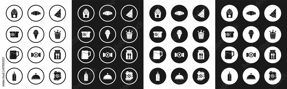 Set Slice of pizza, Ice cream in waffle cone, Bread toast, Potatoes french fries box, Chicken leg package, Croissant, Online ordering and delivery and Wooden beer mug icon. Vector