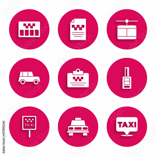 Set Taxi driver license, car, Location with taxi, Car key remote, Road sign for stand, Cable and Taximeter icon. Vector