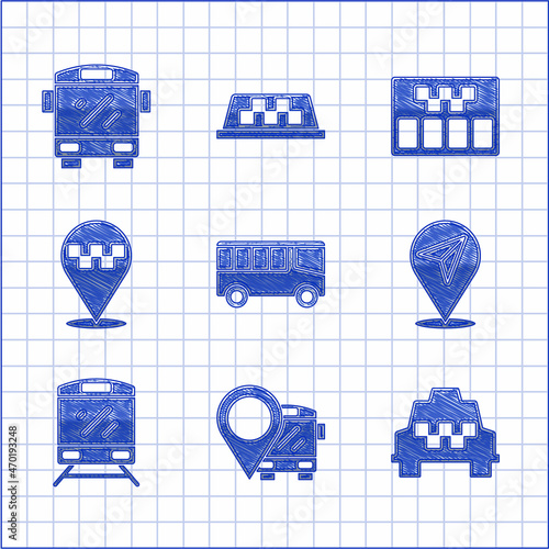 Set Bus, Location with bus, Taxi car, Train, taxi, Taximeter and icon. Vector