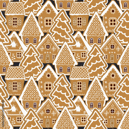 Christmas background. Seamless pattern. Gingerbread village. There are gingerbread houses and fir trees on a dark blue background. Vector illustration