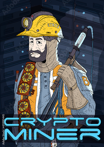 illustration of a crypto miner in a traditional miner's outfit.