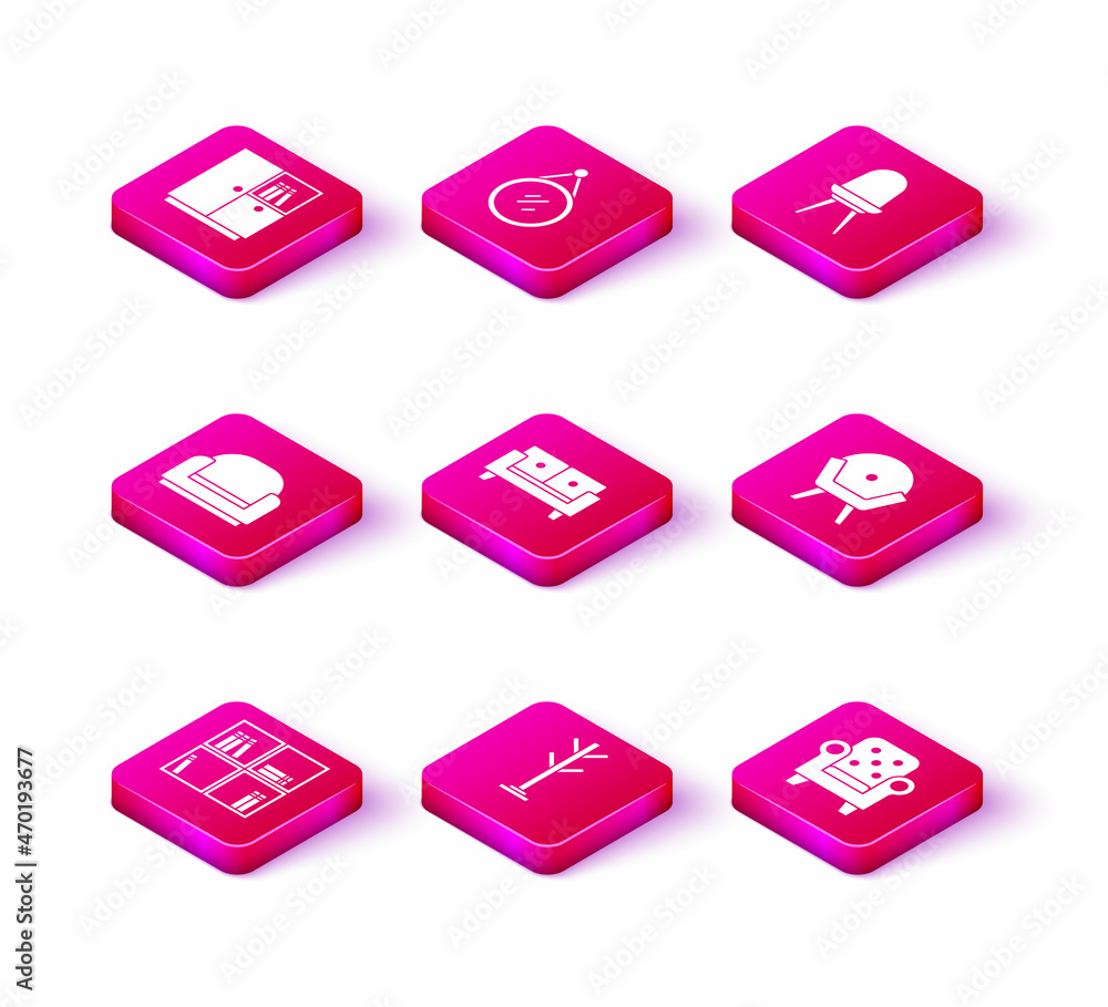 Set Shelf with books, Coat stand, Armchair, Sofa, Chair and Mirror icon. Vector Set Shelf with books, Coat stand, Armchair, Sofa, Chair and Mirror icon. Vector