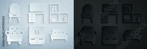 Set Wardrobe, Shelf with books, Armchair, Sofa, TV table stand and Dressing icon. Vector