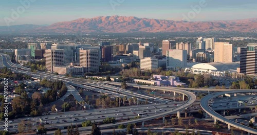 Aerial USA San Jose California Downtown city buildings Silicon Valley Urban residential travel business Technology travel at rush hour