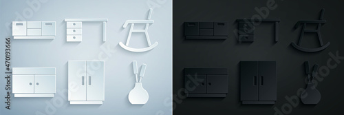 Set Wardrobe, Armchair, Chest of drawers, Vase, Office desk and Furniture nightstand icon. Vector