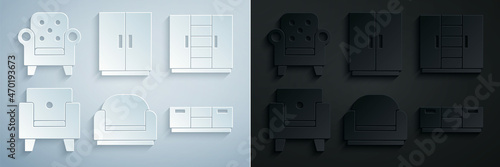 Set Armchair, Wardrobe, Furniture nightstand, and icon. Vector