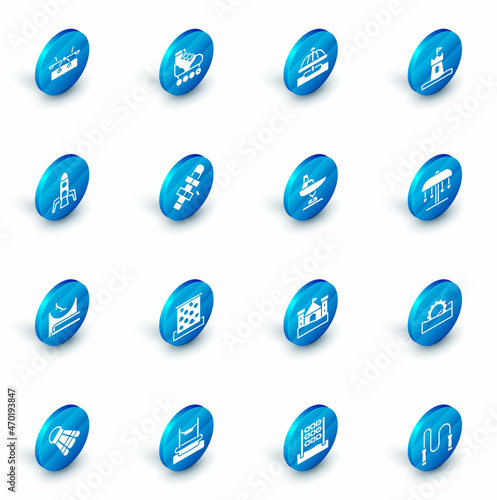 Set Roller skate, Attraction carousel, Sand tower, Rocket ship, Skate park, Hopscotch, and Swing boat icon. Vector