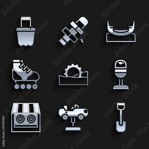 Set Ferris wheel, Swing car, Shovel toy, Trash can, Shooting gallery, Roller skate, Boat swing and Sand bucket icon. Vector