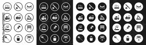 Set Boat swing, Toy train, Sandbox with sand, Horizontal bar, Kid slide, Baseball bat ball, Bench and Basketball backboard icon. Vector