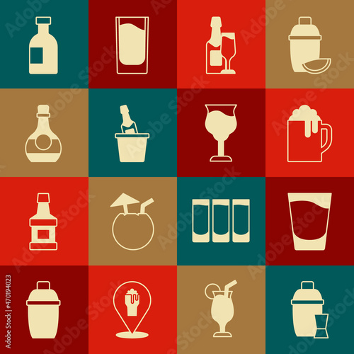 Set Cocktail shaker, Shot glass, Wooden beer mug, Champagne bottle and, in ice bucket, Bottle of cognac or brandy, Glass vodka and Wine icon. Vector