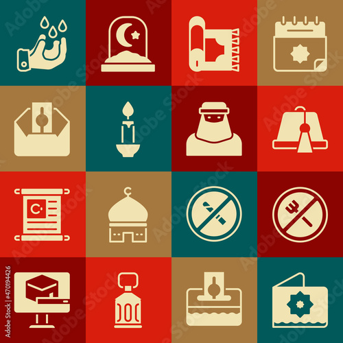 Set Octagonal star, Ramadan fasting, Turkish hat, Traditional carpet, Burning candle, Donate or pay your zakat, Wudhu and Muslim woman niqab icon. Vector