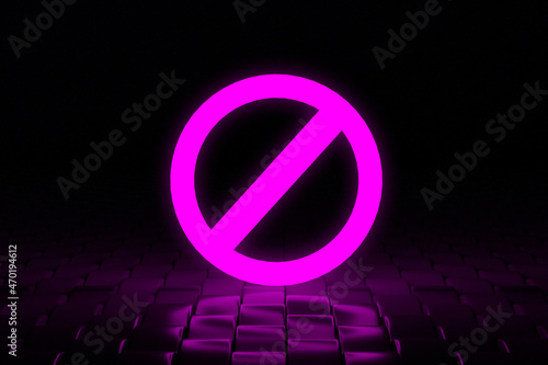Glowing prohibition sign of velvet violet color. Neon effect. Closed access. Prohibited information. Blocking the Internet, site. 3d render