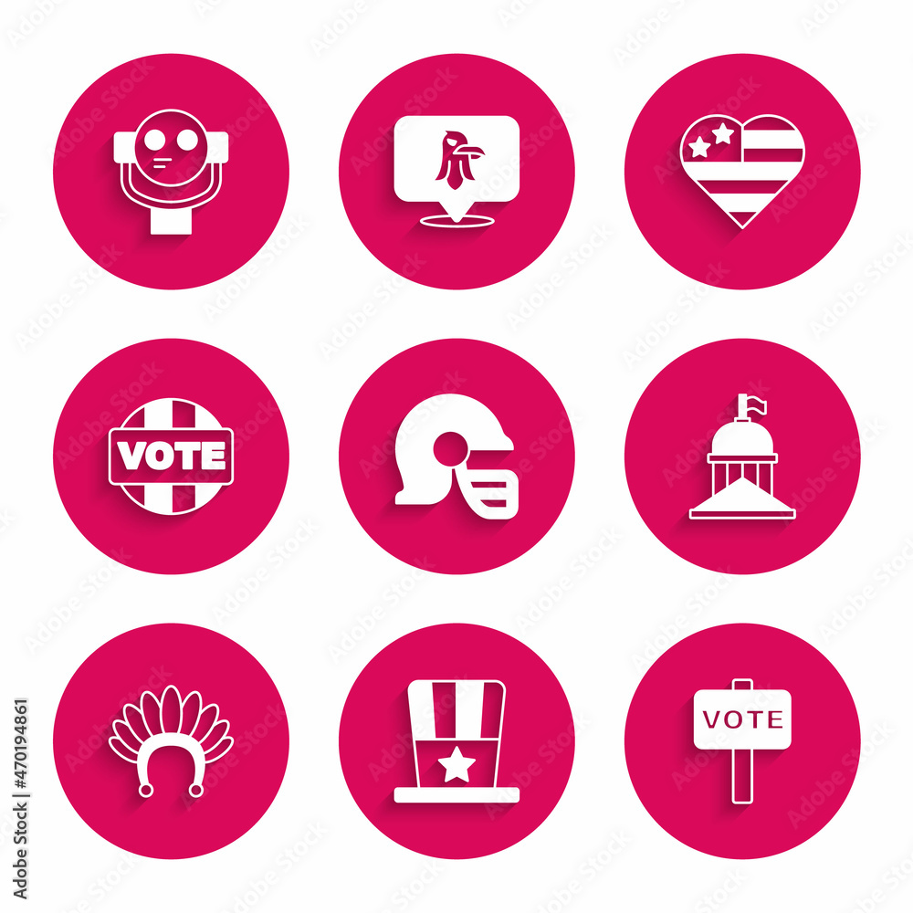 Set American football helmet, Patriotic top hat, Vote, White House, Indian headdress with feathers, USA Independence day and Tourist binoculars icon. Vector Set American football helmet, Patriotic top hat, Vote, White House, Indian headdress with feathers, USA Independence day and Tourist binoculars icon. Vector