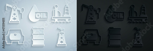 Set Barrel oil, Oil platform in the sea, Gas tank vehicle, rig, drop and pump pump jack icon. Vector