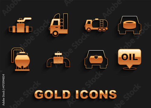 Set Metallic pipes and valve, Spare wheel in the car, Word oil, Gas tank for vehicle, Oil storage, Tanker truck, and icon. Vector