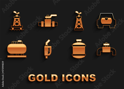 Set Gasoline pump nozzle, tank for vehicle, Metallic pipes and valve, Propane gas, Oil storage, rig, and icon. Vector