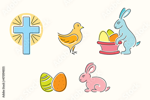 Set of vector line art Easter icons: rabbit, cross, eggs, chicken, busket
