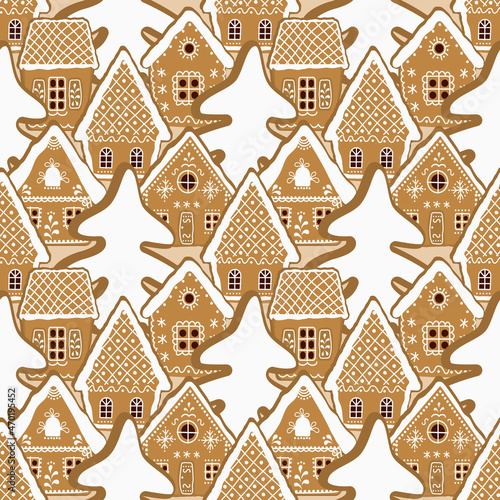Christmas background. Seamless winter pattern. Gingerbread village. There are gingerbread houses and fir trees on a caramel background. Vector illustration