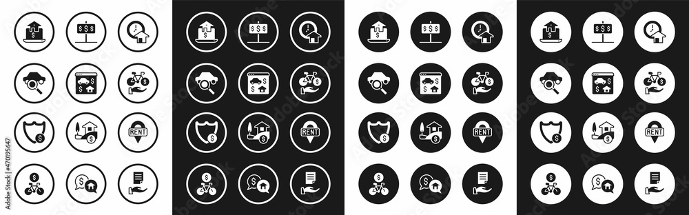 Set Time is money, Online real estate, Car sharing, Bicycle rental mobile app, House with dollar, Location key and Shield icon. Vector Set Time is money, Online real estate, Car sharing, Bicycle rental mobile app, House with dollar, Location key and Shield icon. Vector
