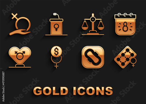 Set Feminism finance, Calendar with 8 March, Packaging of birth control pills, Sanitary napkin, Gender, equality, Female gender and Debate podium rostrum icon. Vector