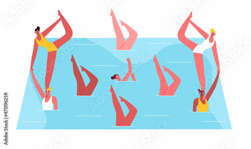 Vector flat illustration with Performance, Training of Female Gymnasts in Group Synchronized Swimming. The concept Summer, Group types of Professional Sports, Competitions.