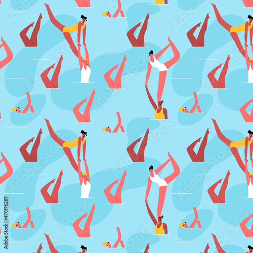 Vector seamless Pattern with the Performance of Athletes in Synchronized Swimming. Concept Summer Sports, Water Ballet. It can be used to design the pattern of fabrics, wallpaper, wrappers, etc.