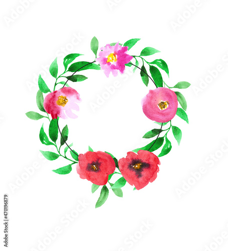 Floral wreath red and pink watercolor poppies on white background