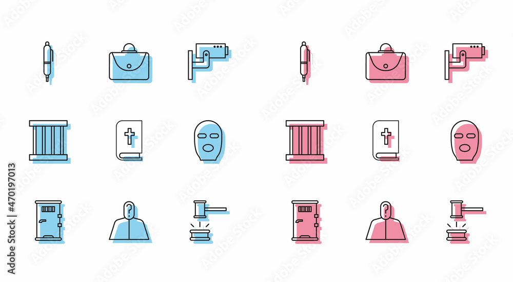 Set line Prison cell door, Anonymous with question mark, Pen, Judge gavel, Holy bible book, Thief mask, window and Briefcase icon. Vector Set line Prison cell door, Anonymous with question mark, Pen, Judge gavel, Holy bible book, Thief mask, window and Briefcase icon. Vector