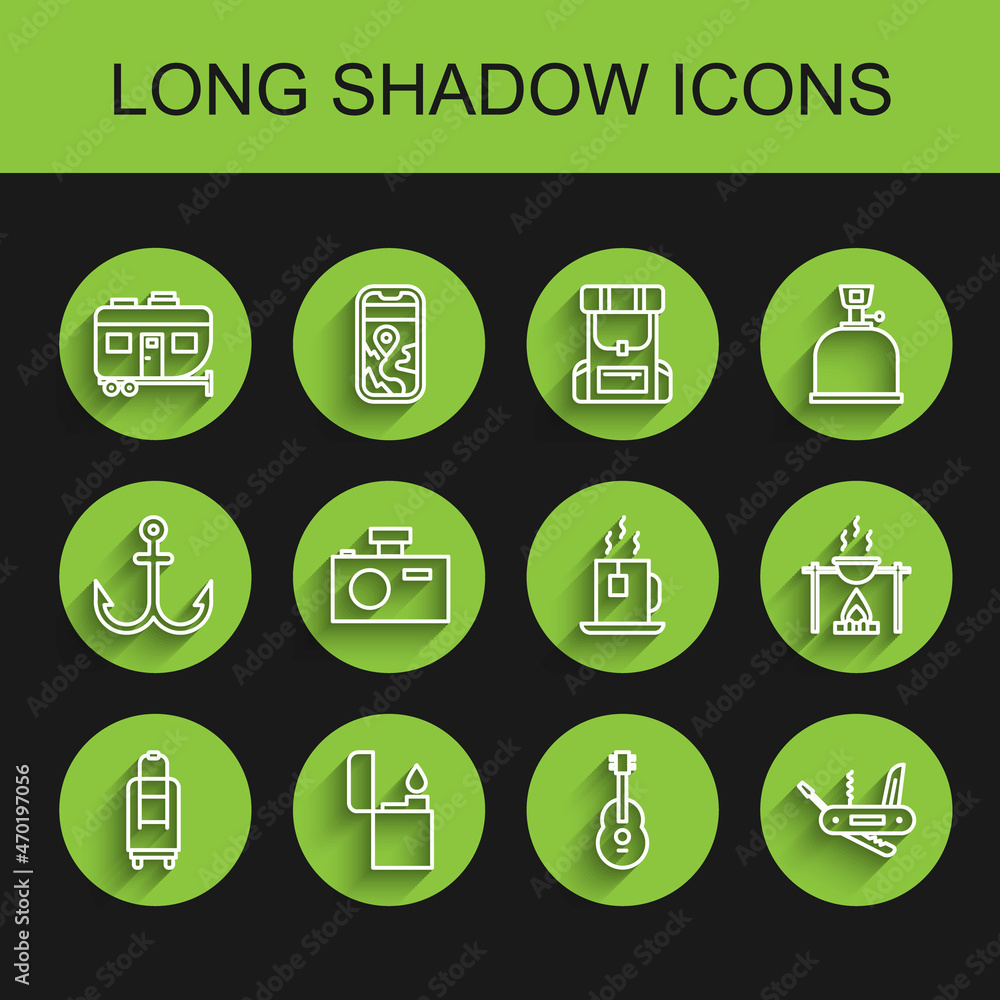 Set line Suitcase, Lighter, Rv Camping trailer, Guitar, Swiss army knife, Photo camera, Campfire and pot and Cup of tea with tea bag icon. Vector Set line Suitcase, Lighter, Rv Camping trailer, Guitar, Swiss army knife, Photo camera, Campfire and pot and Cup of tea with tea bag icon. Vector