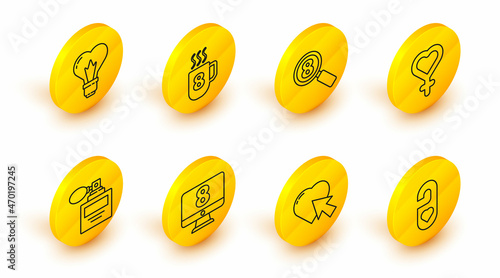 Set line Please do not disturb with heart, Heart and cursor click, 8 March on monitore, Perfume, Female gender symbol, Search, Coffee cup and shape in light bulb icon. Vector