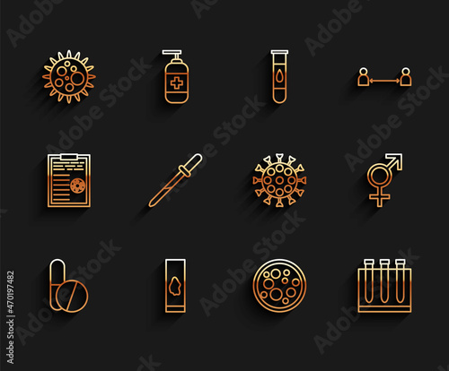 Set line Medicine pill or tablet, Blood test and virus, Virus, Pipette, Gender and icon. Vector