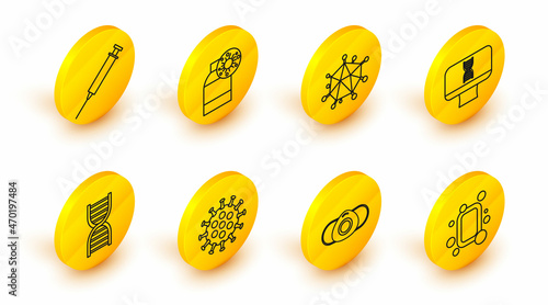 Set line Bar of soap, Medical protective mask, Virus, DNA symbol, spiral and computer, Bottle with virus and Syringe icon. Vector