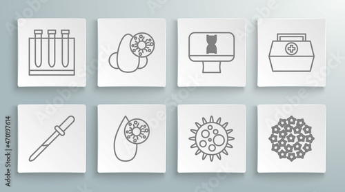 Set line Pipette, Runny nose and virus, Blood test, Virus, DNA spiral computer, First aid kit and icon. Vector