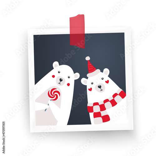 Photo frame with white borders and sticker. Two cartoon characters polar white bears. New year 2021 2022 postcard. Vector christmas design photo