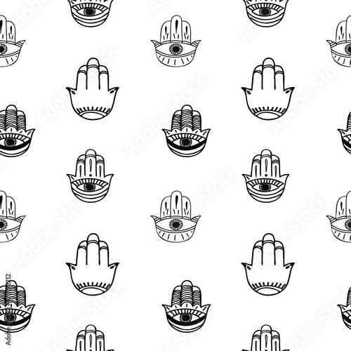 Vector illustration with hamsa protects against the evil eye. Depending on the religious origin, it is also known as the Hand of Miriam, the Hand of Fatima. Seamless pattern