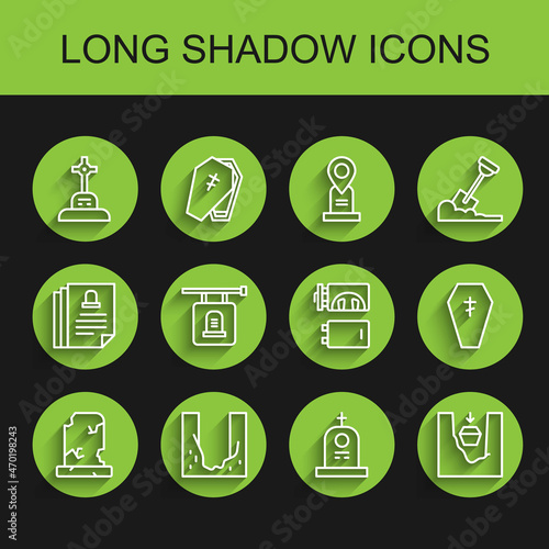 Set line Old grave with tombstone, Cemetery digged hole, Grave cross, Coffin in, Signboard, and Crematorium icon. Vector