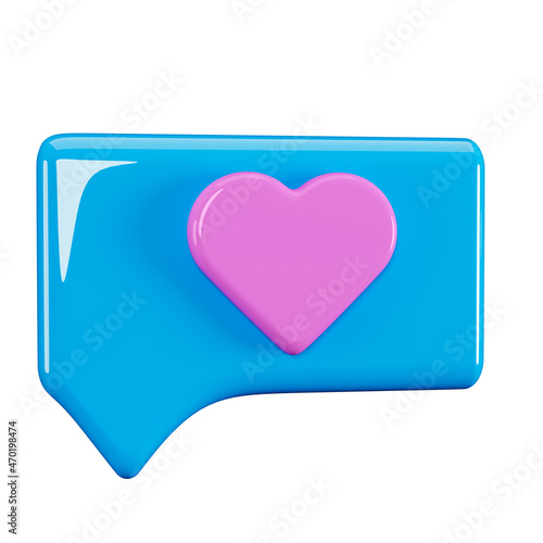 Like icon heart, 3d. Heart in blue square, 3d render. Notification icon, isolated on white background