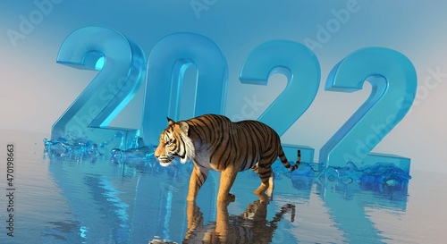 2022 year of the tiger on water 3d illustration