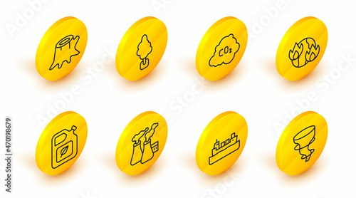 Set line Tornado, Oil tanker ship, Smoke from factory, Bio fuel canister, Global warming fire, CO2 emissions cloud, Tree and stump icon. Vector