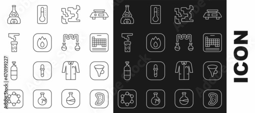 Set line Bacteria, Funnel or filter, Periodic table, Gaseous, Fire flame, Test tube and flask, on fire and icon. Vector