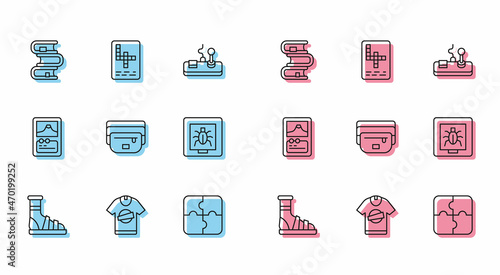 Set line Slippers with socks, T-shirt, Book, Piece of puzzle, Waist bag banana, Insects in frame, Card game and Crossword icon. Vector