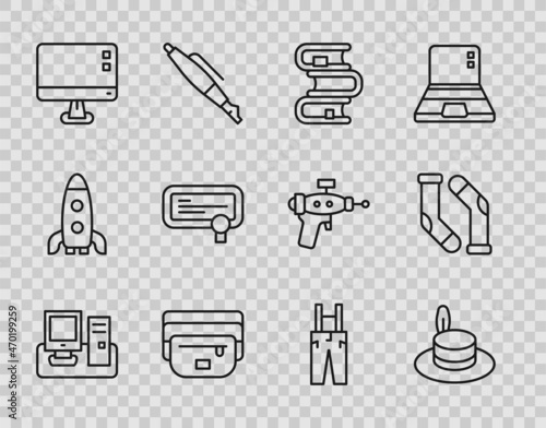 Set line Monitor with keyboard, Man hat, Book, Waist bag of banana, Computer monitor screen, Certificate template, Pants suspenders and Socks icon. Vector