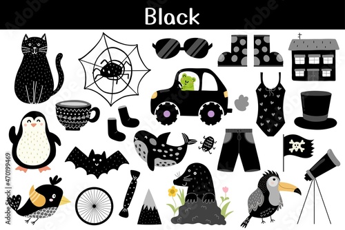 Black color objects set. Learning colors for kids. Cute elements collection. Educational background. Vector illustration