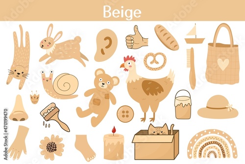 Beige color objects set. Learning colors for kids. Cute elements collection. Educational background. Vector illustration