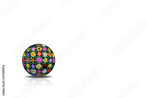 Big sphere with flowers images painted on it, with copy space on white background.