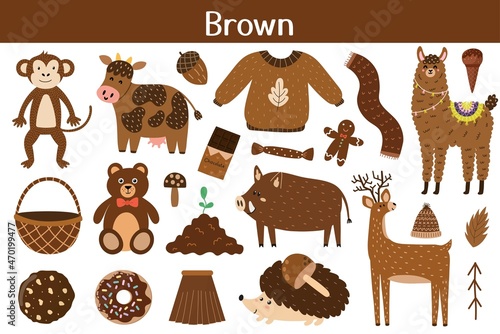 Brown color objects set. Learning colors for kids. Cute elements collection. Educational background. Vector illustration