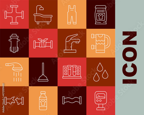 Set line Pressure water meter, Water drop, Heated towel rail, Work overalls, Industry metallic pipe, filter, and tap icon. Vector