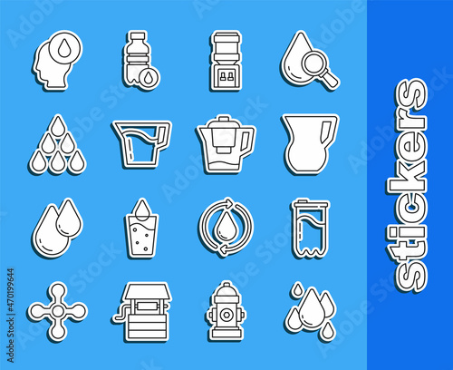 Set line Water drop, filter cartridge, Jug glass with water, cooler, and jug icon. Vector