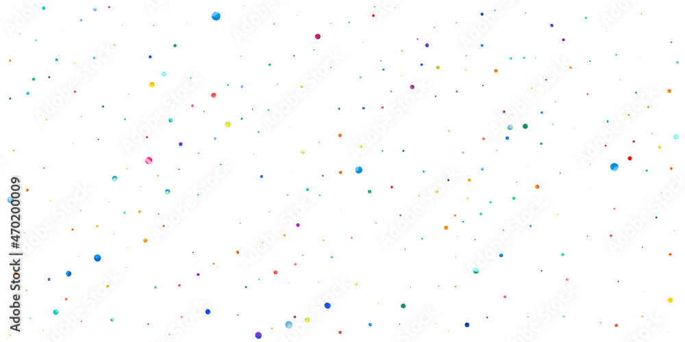 Watercolor confetti on white background. Alive rainbow colored dots. Happy celebration wide colorful bright card. Neat hand painted confetti.